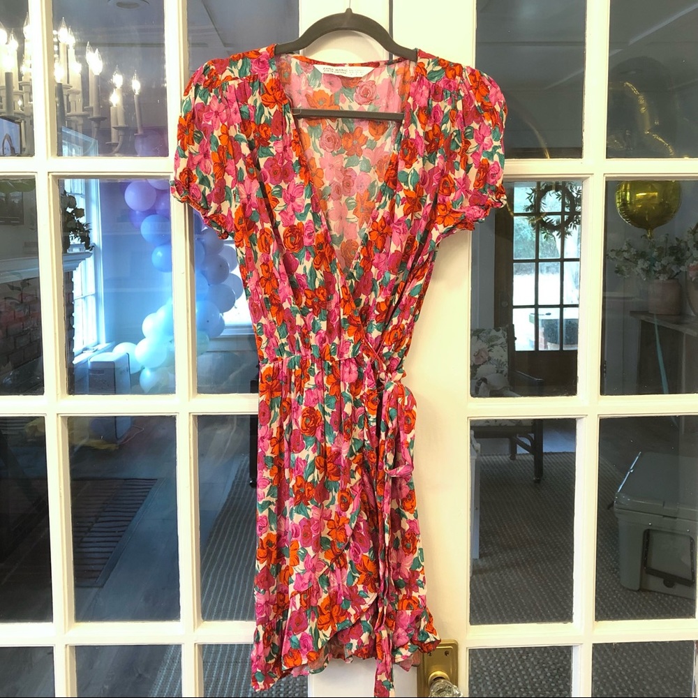 Zara Floral Pink and Red Wrap Dress